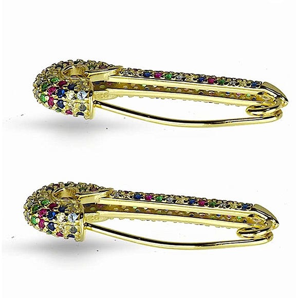 Gold Plated Rhinestone Safety-pin Earring, Multicolor, Punk, Hip Hop - Picture 5 of 8